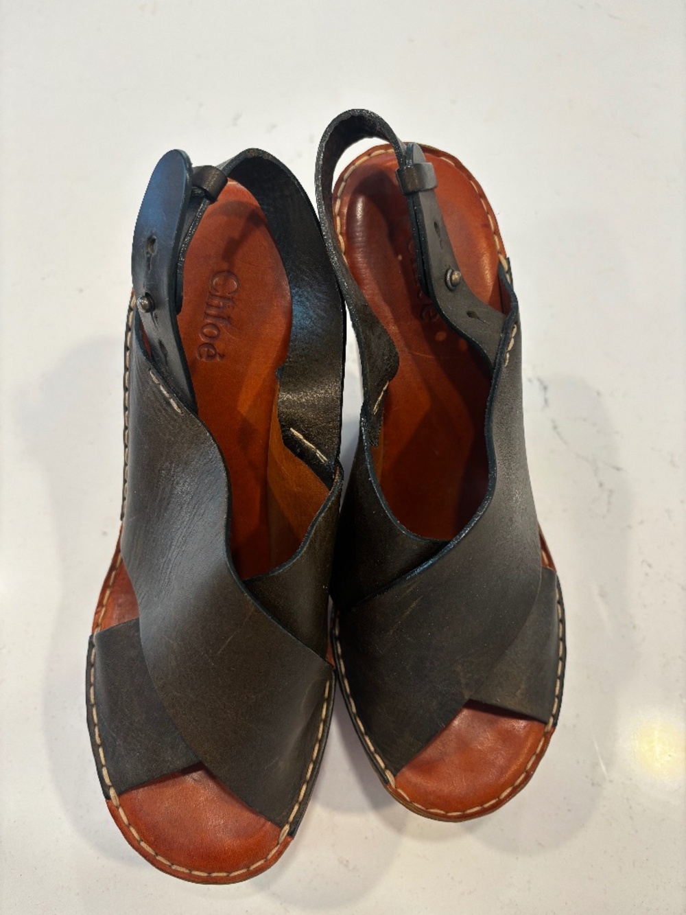 Chloe (Maxime) dark green leather wedge sandals